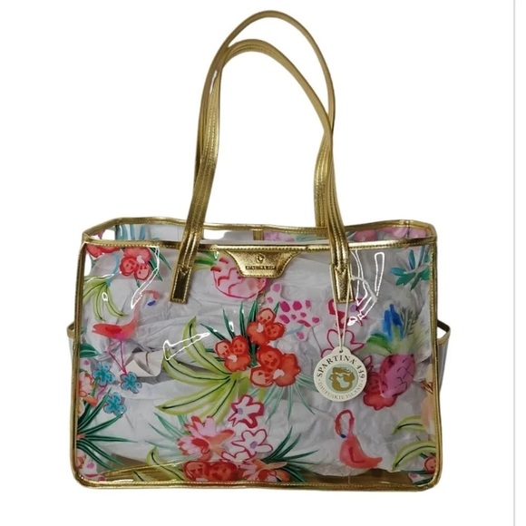 Spartina 449 Flamingo Floral Retreat Clear Beach Tote - Picture 1 of 13